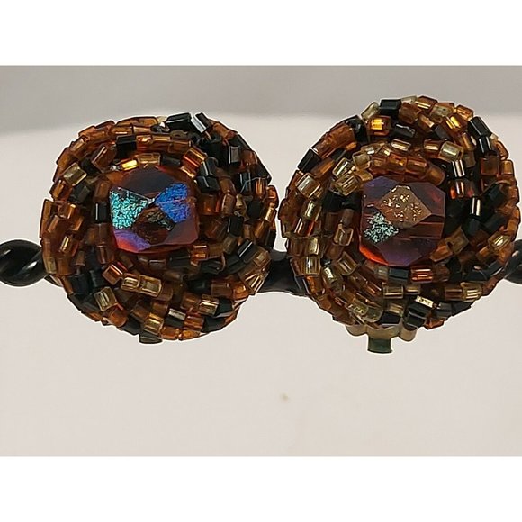 Vintage Faux Amber Crystal Bead Cluster Clip On Earrings 40-60's Classic JAPAN - Picture 3 of 8